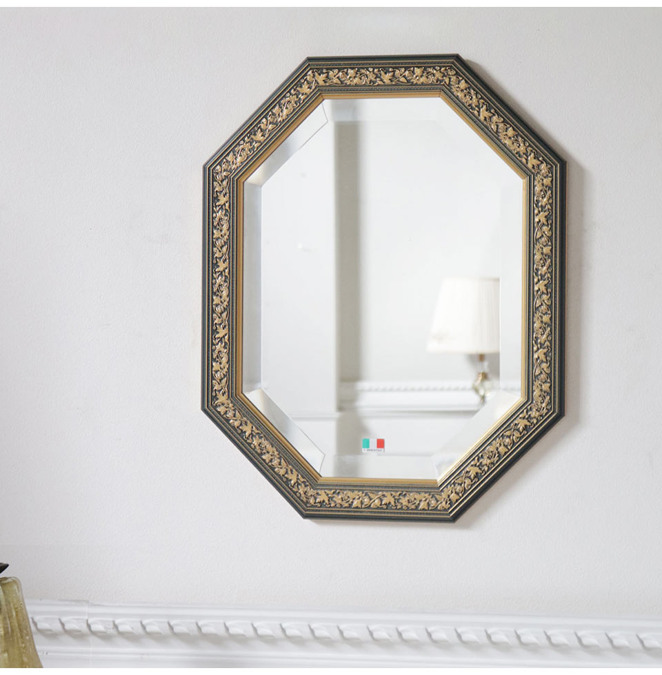 イタリア製 八角形 ウォールミラー(壁掛け鏡) ネイビーリーフ 38×48cm 