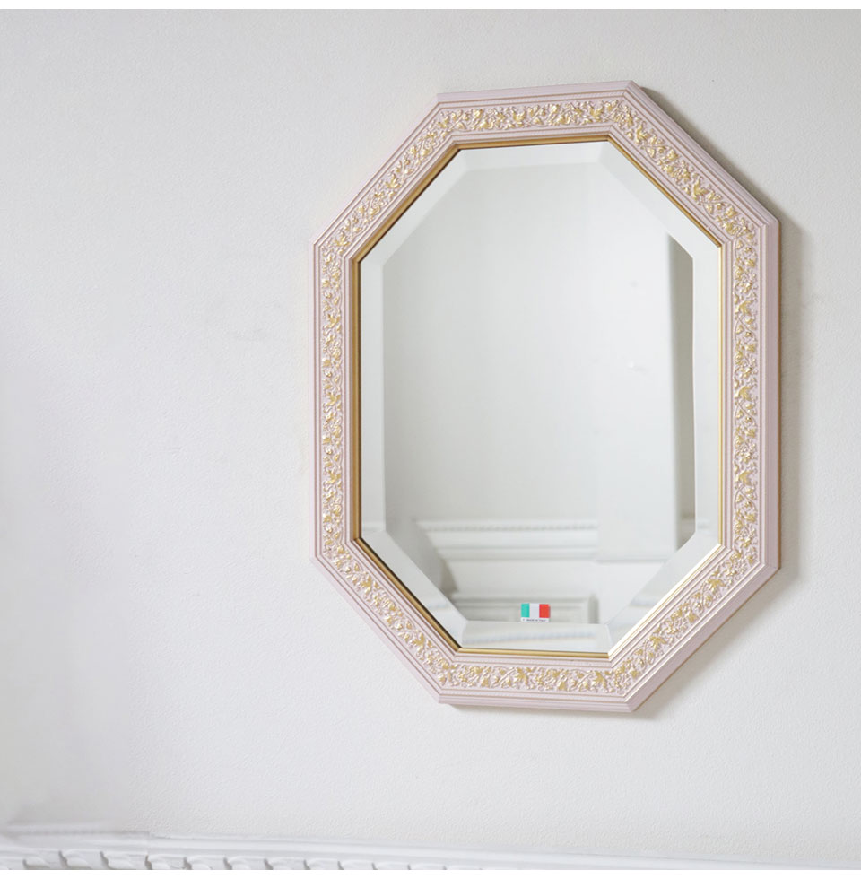 イタリア製 八角形 ウォールミラー(壁掛け鏡) ピンクリーフ 38×48cm 