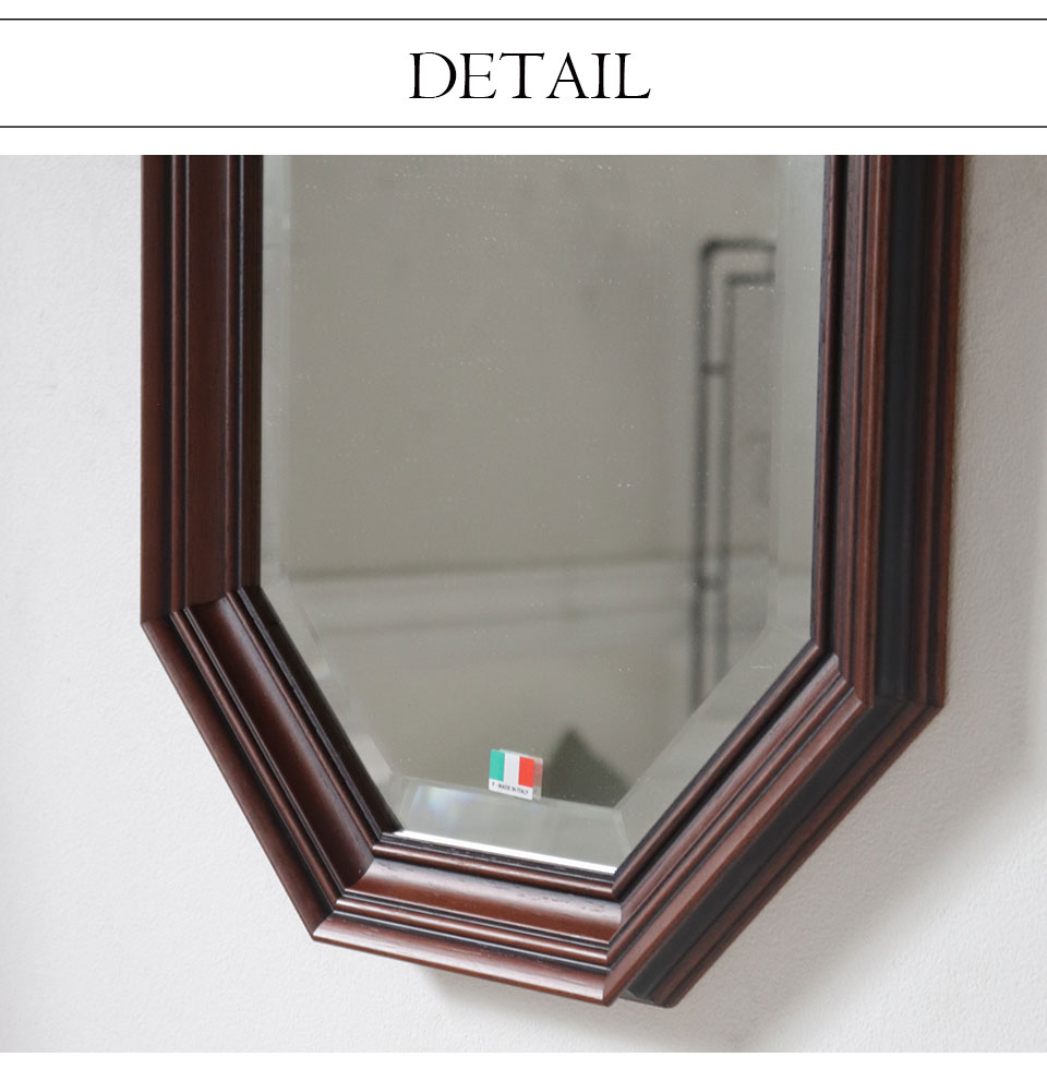 イタリア製 八角形 ウォールミラー(壁掛け鏡) ウッド 38×48cm 